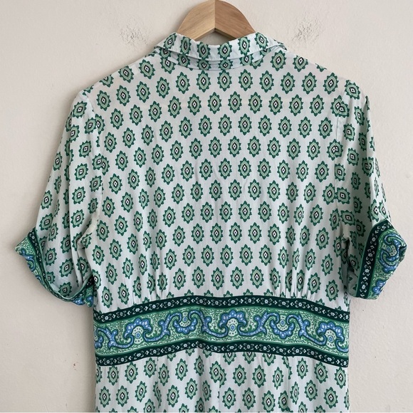 Sandro Niam Midi Dress Green Printed Linen Blend EU 42 Short Sleeve Button Front - Picture 7 of 7